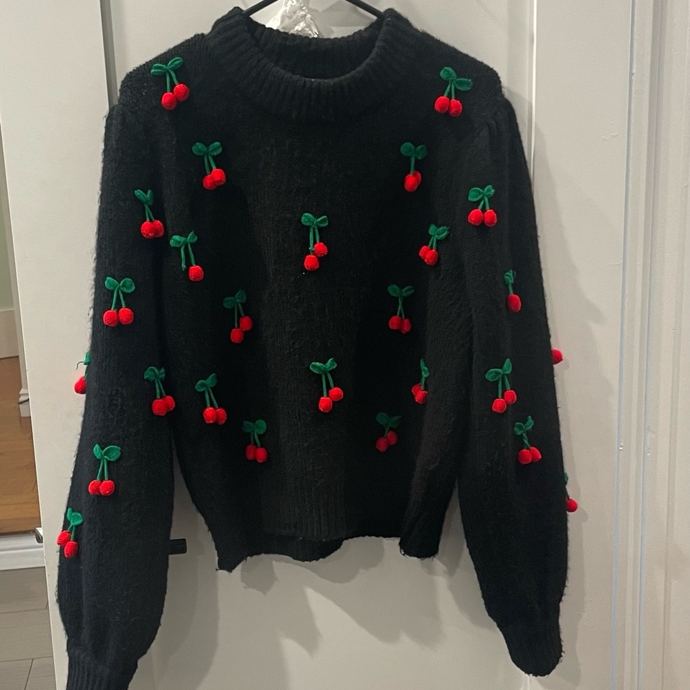 FARM Rio Black knitted sweater with cherry Pom Pom details